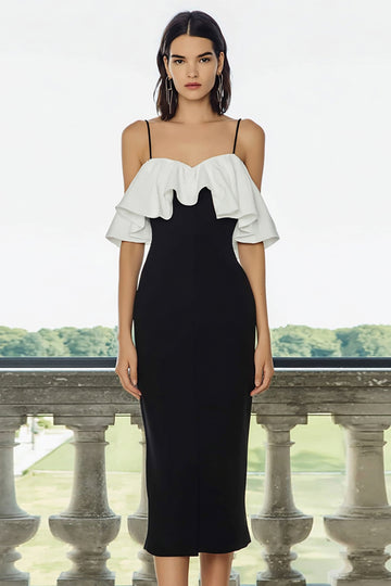 Bodycon Cold Shoulder Ruffled Black and White Midi Formal Dress